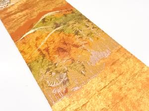 アンティーク　遠山に樹木・寺院模様織り出し袋帯（着用可）